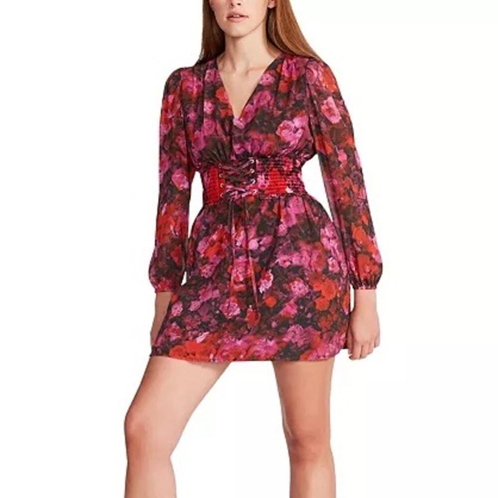 Steve Madden Diana Floral Chiffon Long Sleeve Mini Dress Large NWT Corset Waist